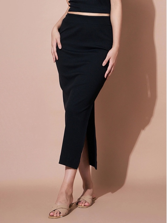Dresses & Skirts - Black Ribbed Midi Pencil Skirt with Side Slit